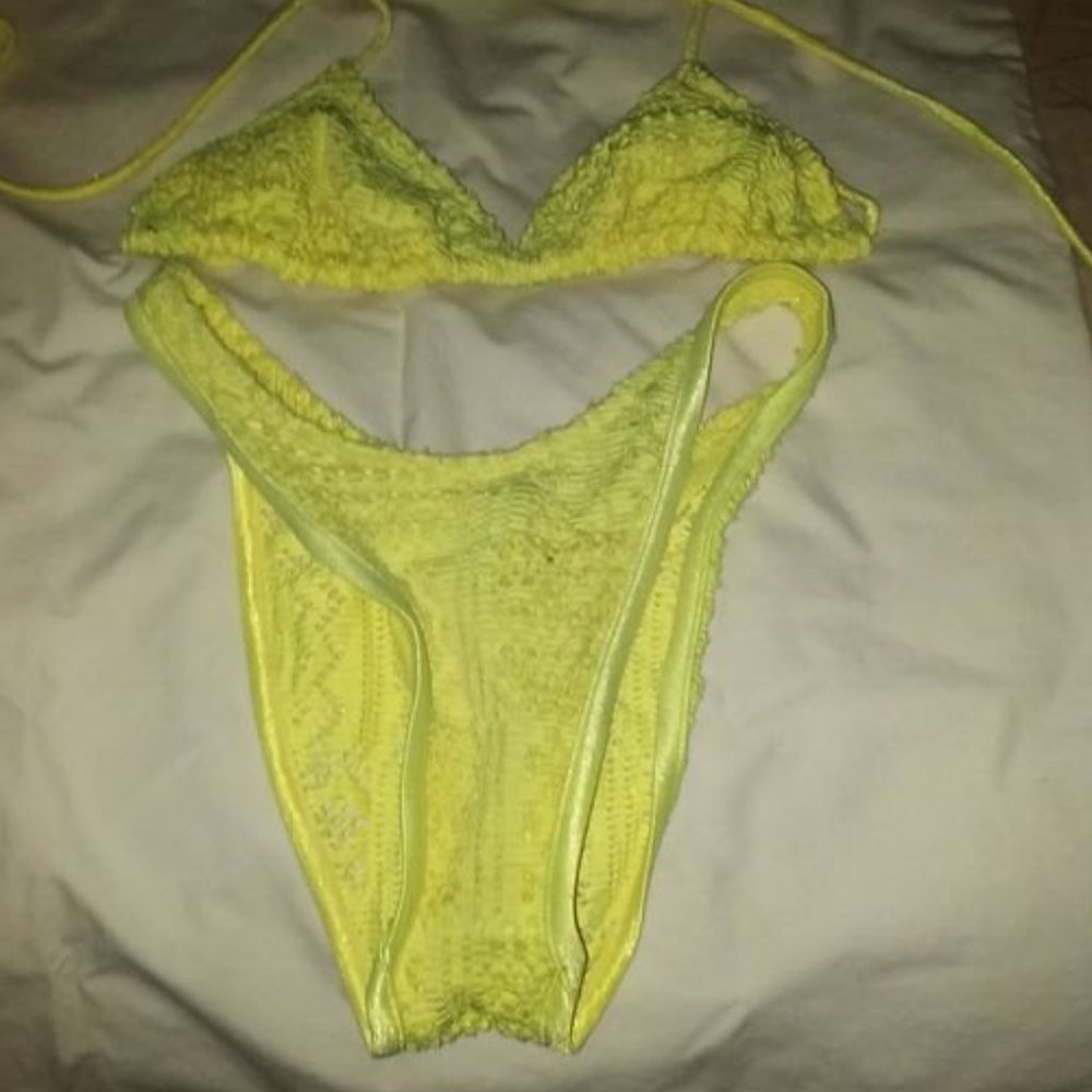 Bright Yellow Crocheted Thong Bikini Swimsuit